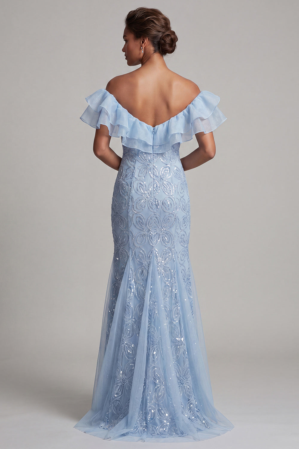 Zapaka Women Light Blue Mother Of the Bride Dress with Slit Mermaid Off the Shoulder Ruffled Sequins Long Wedding Guest Dress, Apricot / US16