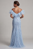 Off the Shoulder Light Blue Mermaid Ruffled Sequins Long Mother Of the Bride Dress with Slit