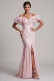 Off the Shoulder Light Blue Mermaid Ruffled Sequins Long Mother Of the Bride Dress with Slit