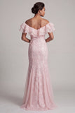 Off the Shoulder Light Blue Mermaid Ruffled Sequins Long Mother Of the Bride Dress with Slit