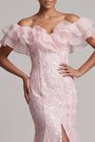 Off the Shoulder Light Blue Mermaid Ruffled Sequins Long Mother Of the Bride Dress with Slit