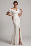Off the Shoulder Light Blue Mermaid Ruffled Sequins Long Mother Of the Bride Dress with Slit