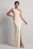 Dusty Blue One Shoulder Mermaid Sequins Long Mother Of the Bride Dress with Slit