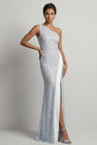 Dusty Blue One Shoulder Mermaid Sequins Long Mother Of the Bride Dress with Slit