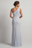 Dusty Blue One Shoulder Mermaid Sequins Long Mother Of the Bride Dress with Slit