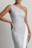 Dusty Blue One Shoulder Mermaid Sequins Long Mother Of the Bride Dress with Slit