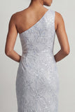 Dusty Blue One Shoulder Mermaid Sequins Long Mother Of the Bride Dress with Slit