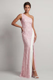 Dusty Blue One Shoulder Mermaid Sequins Long Mother Of the Bride Dress with Slit