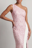 Dusty Blue One Shoulder Mermaid Sequins Long Mother Of the Bride Dress with Slit