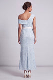 One Shoulder Dusty Blue Mermaid Sequins Midi Mother Of the Bride Dress with Slit