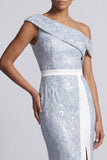 One Shoulder Dusty Blue Mermaid Sequins Midi Mother Of the Bride Dress with Slit