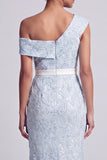 One Shoulder Dusty Blue Mermaid Sequins Midi Mother Of the Bride Dress with Slit