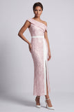 One Shoulder Dusty Blue Mermaid Sequins Midi Mother Of the Bride Dress with Slit