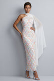 One Shoulder Light Blue Mermaid Sequins Midi Mother Of the Bride Dress with Side Cape