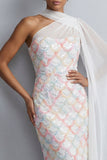 One Shoulder Light Blue Mermaid Sequins Midi Mother Of the Bride Dress with Side Cape
