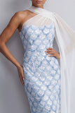 One Shoulder Light Blue Mermaid Sequins Midi Mother Of the Bride Dress with Side Cape