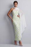 One Shoulder Light Blue Mermaid Sequins Midi Mother Of the Bride Dress with Side Cape