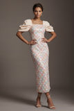 Light Green Mermaid Sequins Midi Mother Of the Bride Dress with Puff Sleeves