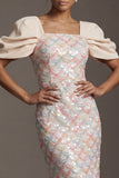 Light Green Mermaid Sequins Midi Mother Of the Bride Dress with Puff Sleeves