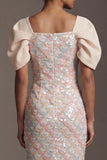 Light Green Mermaid Sequins Midi Mother Of the Bride Dress with Puff Sleeves
