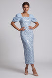 Light Green Mermaid Sequins Midi Mother Of the Bride Dress with Puff Sleeves