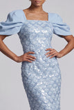 Light Green Mermaid Sequins Midi Mother Of the Bride Dress with Puff Sleeves