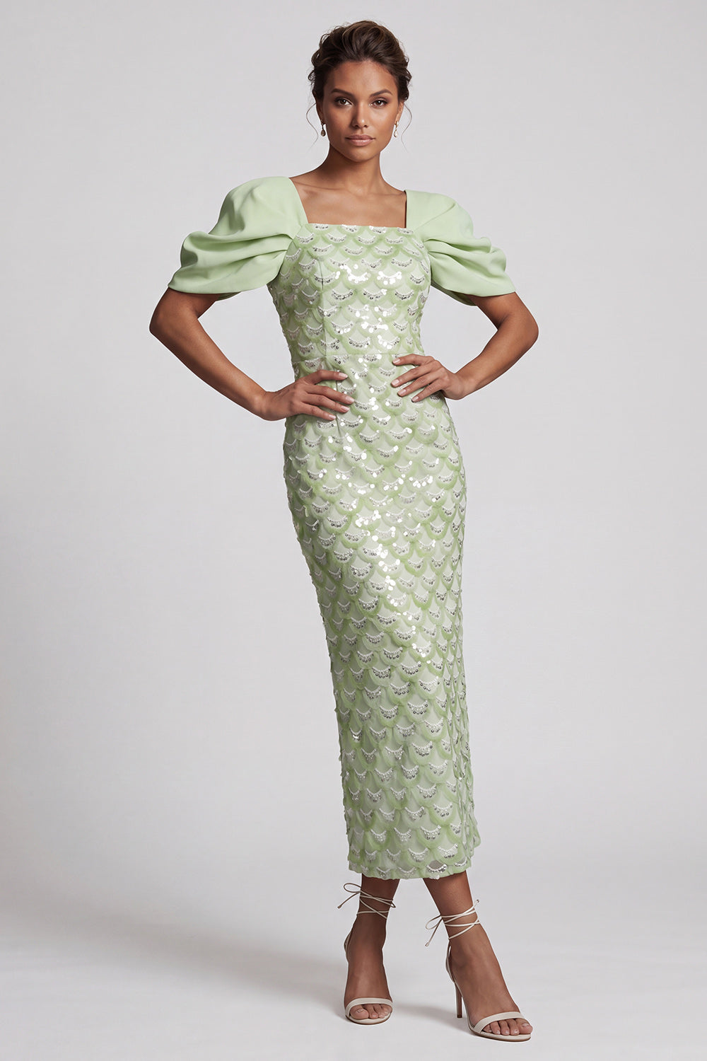 light green mother of the bride dresses Zapaka Women Light Green Mother Of the Bride Dress with Slit Mermaid Sequins Midi Wedding Guest Dress with Puff Sleeves – ZAPAKA