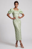 Light Green Mermaid Sequins Midi Mother Of the Bride Dress with Puff Sleeves