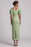 Light Green Mermaid Sequins Midi Mother Of the Bride Dress with Puff Sleeves