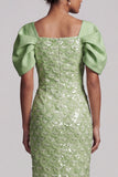 Light Green Mermaid Sequins Midi Mother Of the Bride Dress with Puff Sleeves