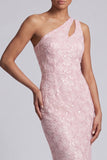 One Shoulder Pink Mermaid Sequins Cut Out Long Mother Of the Bride Dress