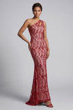One Shoulder Pink Mermaid Sequins Cut Out Long Mother Of the Bride Dress