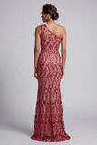 One Shoulder Pink Mermaid Sequins Cut Out Long Mother Of the Bride Dress