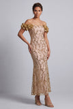 Pink Off the Shoulder Mermaid Sequins Midi Mother Of the Bride Dress with 3D Flowers