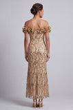 Pink Off the Shoulder Mermaid Sequins Midi Mother Of the Bride Dress with 3D Flowers