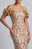Pink Off the Shoulder Mermaid Sequins Midi Mother Of the Bride Dress with 3D Flowers