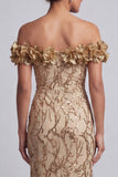 Pink Off the Shoulder Mermaid Sequins Midi Mother Of the Bride Dress with 3D Flowers