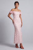Pink Off the Shoulder Mermaid Sequins Midi Mother Of the Bride Dress with 3D Flowers