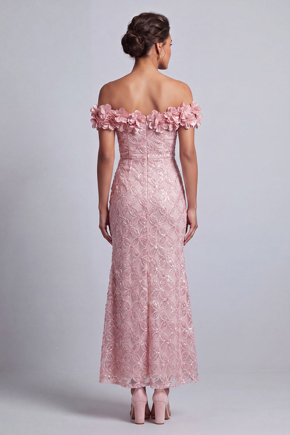 Zapaka Women Pink Mermaid Mother Of the Bride Dress with 3D Flowers Off the Shoulder Sequins Midi Wedding Guest Dress, Pink / US24W