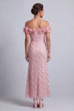 Pink Off the Shoulder Mermaid Sequins Midi Mother Of the Bride Dress with 3D Flowers