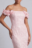 Pink Off the Shoulder Mermaid Sequins Midi Mother Of the Bride Dress with 3D Flowers