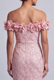 Pink Off the Shoulder Mermaid Sequins Midi Mother Of the Bride Dress with 3D Flowers