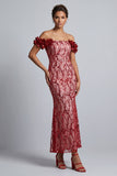 Pink Off the Shoulder Mermaid Sequins Midi Mother Of the Bride Dress with 3D Flowers