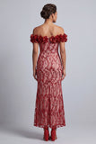 Pink Off the Shoulder Mermaid Sequins Midi Mother Of the Bride Dress with 3D Flowers