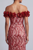 Pink Off the Shoulder Mermaid Sequins Midi Mother Of the Bride Dress with 3D Flowers