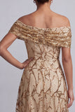 Red Off the Shoulder A-Line Sequins Midi Mother Of the Bride Dress
