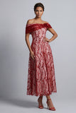 Red Off the Shoulder A-Line Sequins Midi Mother Of the Bride Dress