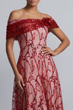 Red Off the Shoulder A-Line Sequins Midi Mother Of the Bride Dress