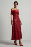 A-Line Red Off the Shoulder Midi Mother Of the Bride Dress with Sequins