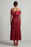 A-Line Red Off the Shoulder Midi Mother Of the Bride Dress with Sequins